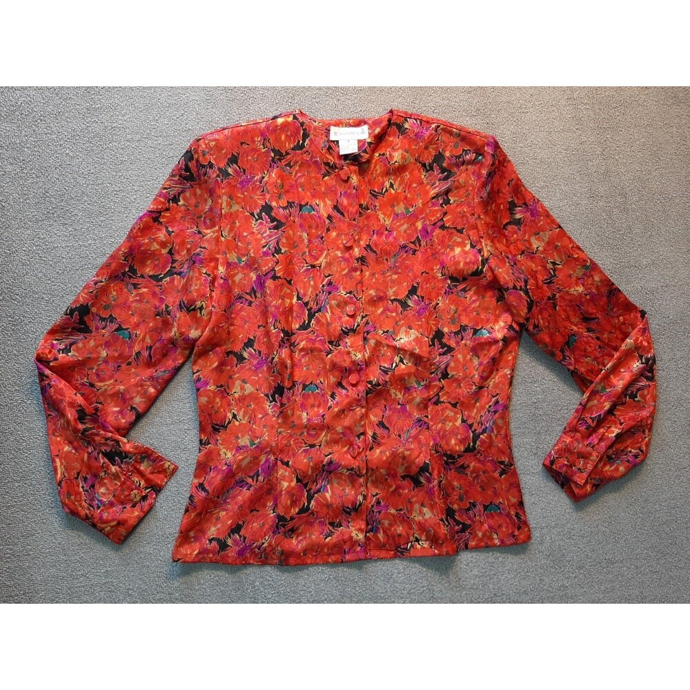 E.J. HARPER Women's Floral Blouse Size 6 Padded Shoulders Red Button Up long SLV